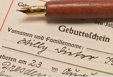 German Geburtschein (birth certificate) with handwritten entries and fountain pen, commonly translated for Australian visa applications