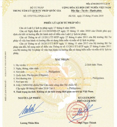 Vietnamese Phiếu lý lịch tư pháp (Judicial Record Certificate) issued by the Ministry of Justice, commonly translated for Australian visa applications
