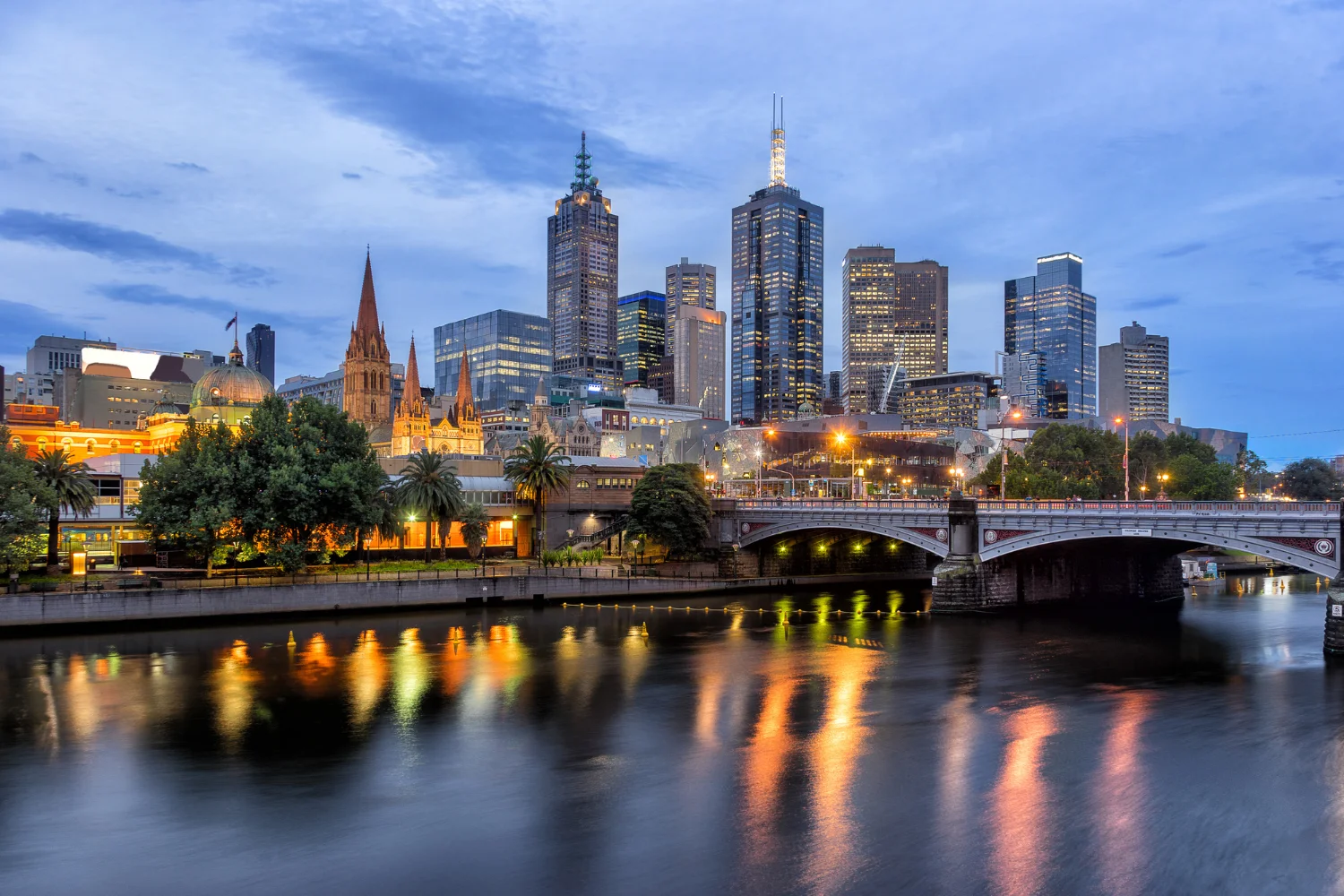 Melbourne city skyline at dusk across the Yarra River